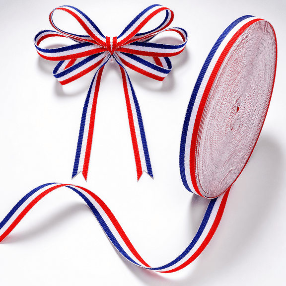 Bambang 3/8 Inch x 50 Yard Patriotic Red White Blue Striped Polyester Grosgrain Ribbon for Holiday Crafts and Decor