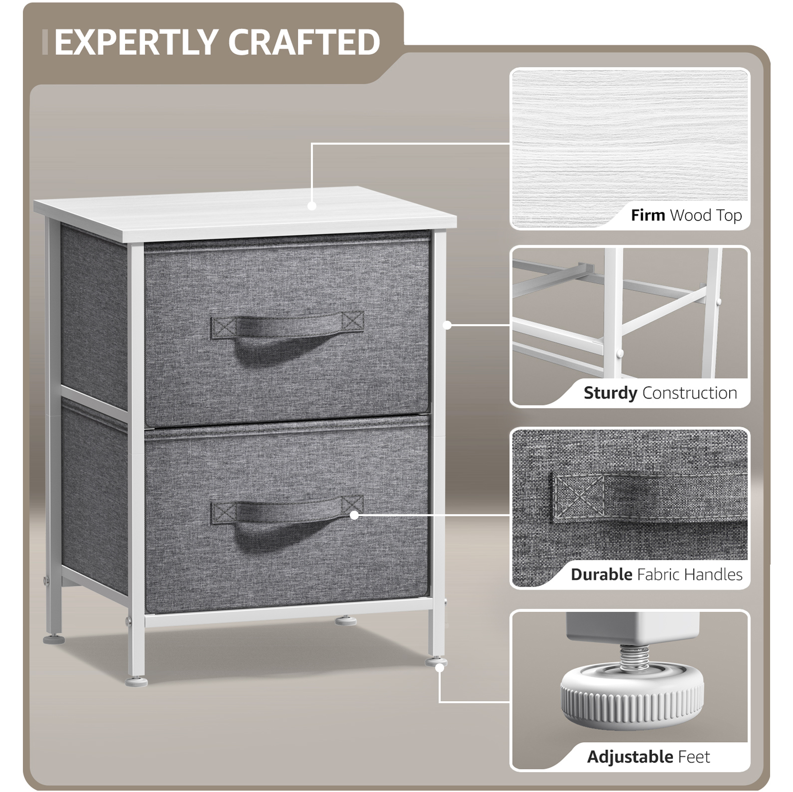 Sorbus Nightstand with 2 Drawers, Steel Frame, Wood Top, Fabric Bins, White/Gray