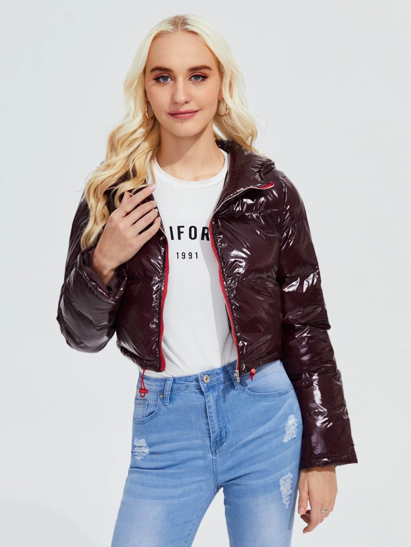 Women's Drawstring Hem Zipper Placket 