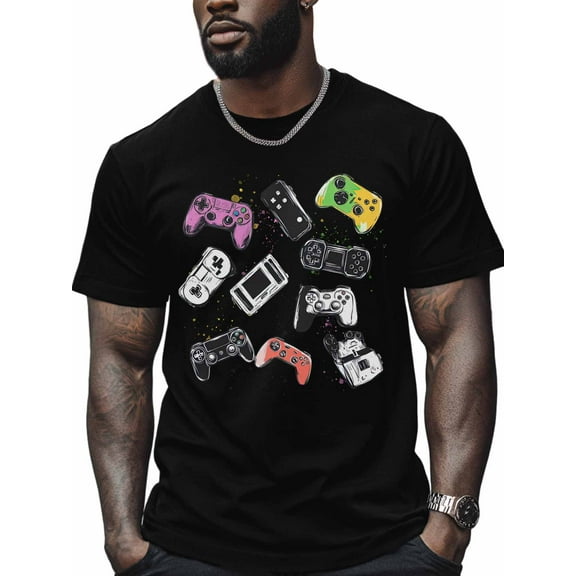 Remote Control Men's T Shirts Game Console T-Shirt for Men Purple Green Blue Sketch Crew Neck Tees Cotton Tops, Black, S