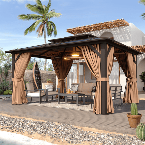 Dateyes 12'x14' Hardtop Gazebo, Aluminum Frame Permanent Pavilion with Curtains and Netting, Outdoor Polycarbonate Double Roof Canopy, Designed for Garden, Brown