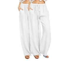 Rutainlusire 2-Pack Cotton Linen Pants for Women Loose with Drawstring Wide Leg Casual Long Pants with Pockets for Everyday Wear