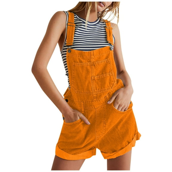 LISTHA Denim Overalls for Women Spring Loose Fit Jean Shorts Jumpsuits Loose Adjustable Strap Summer Rompers with Pockets Orange S