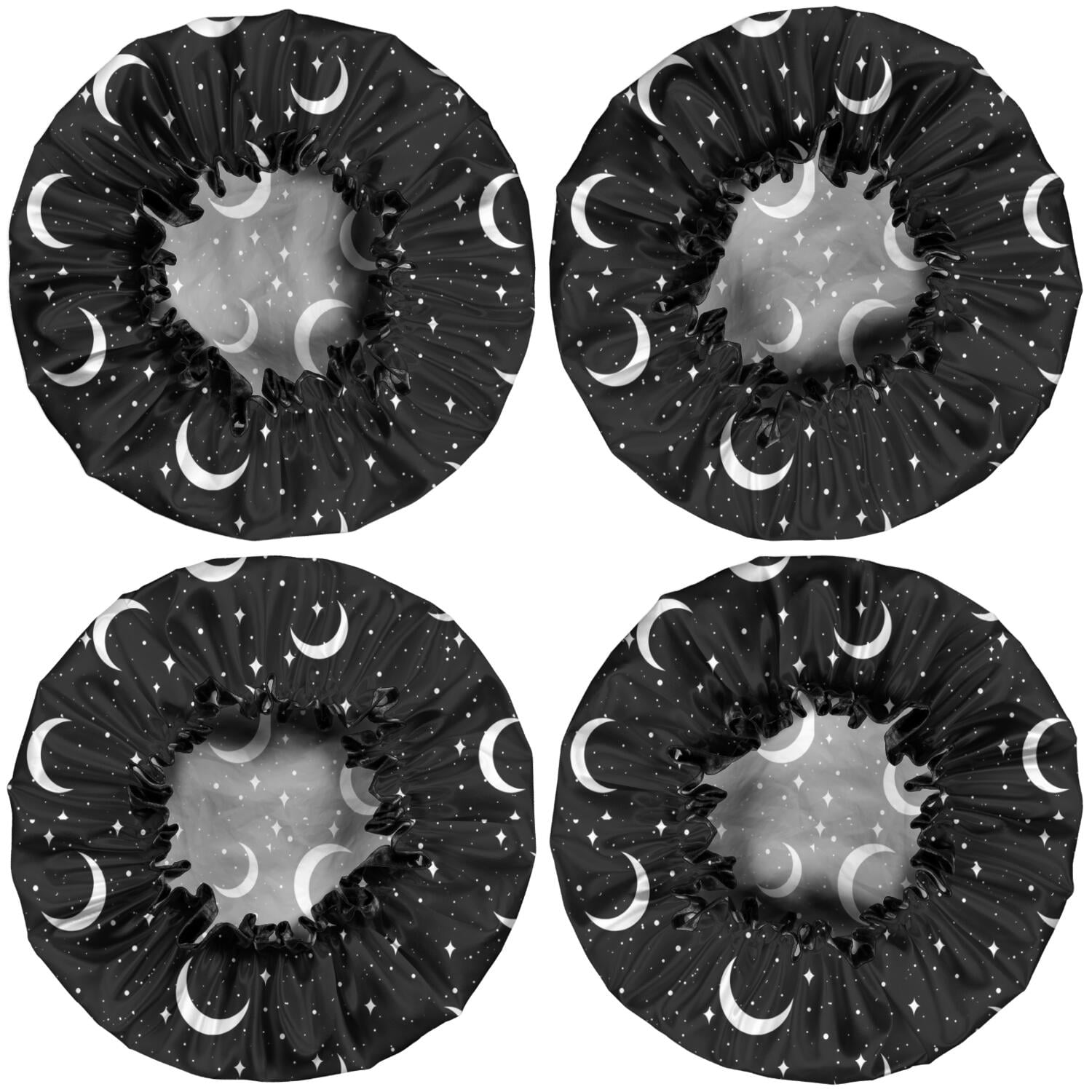 Shower Caps,Black Moon Star Pattern Waterproof Shower Cap for Women 4 Pieces,Double Reusable Hair Cover for Shower PEVA Elastic Stretch Hem