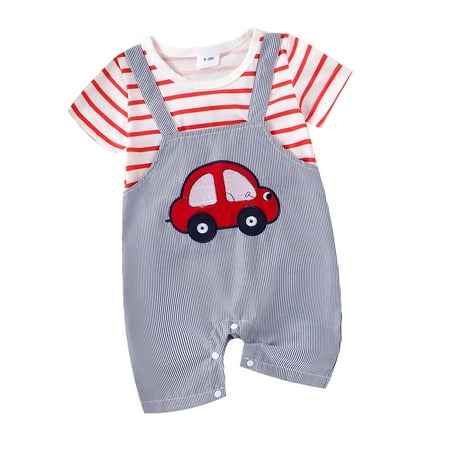 

WERNZATT Infant Baby Boy Short Sleeve Romper Round Neck Striped Car Patch Fake Two-Pieces Jumpsuit Summer Clothes