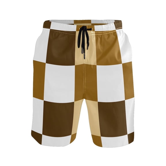 Brown White Check Pattern Mens Swim Trunks Quick Dry Board Shorts Breathable Fit Beach Shorts Swimwear