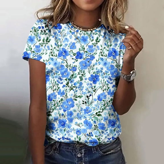Jsaierl Short Sleeve Tops for Women Casual Dressy Shirts Round Neck Workout Ladies Blouses Trendy Print T Shirts Top Plus Size S-5XL
