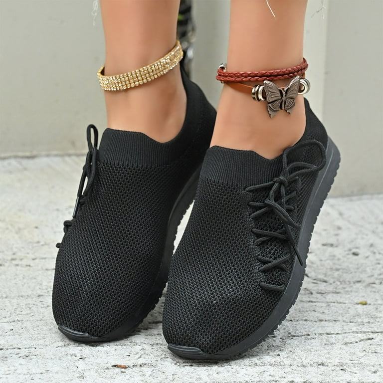 Xfvqtps Flats for Women Mesh Knit Slip on Lace up Soft Sole Non