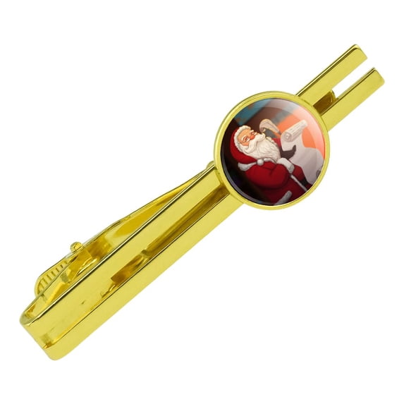 Santa Claus Christmas List Round Tie Bar Clip Clasp Tack Gold Color Plated
