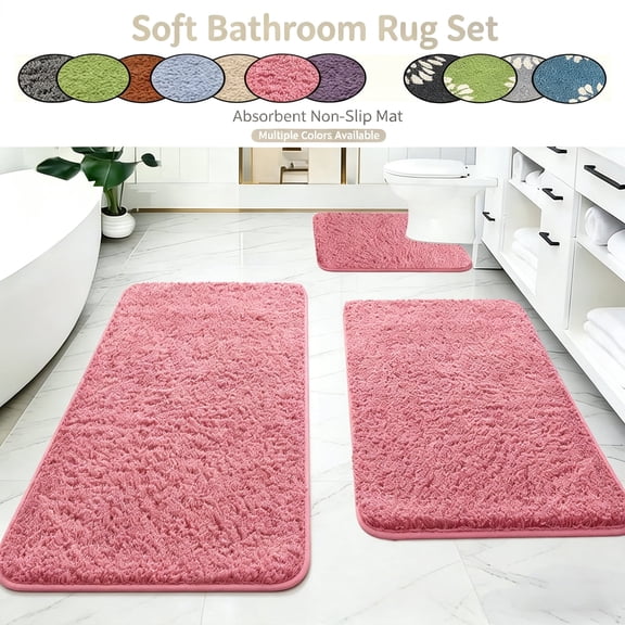 PoyoKee 3pcs Soft Bathroom Rugs, Memory Foam Bath Mat, Non-Slip Absorbent Bathroom Rug for Laundry, Bath Mats Home Decor, 15"x31", Pink