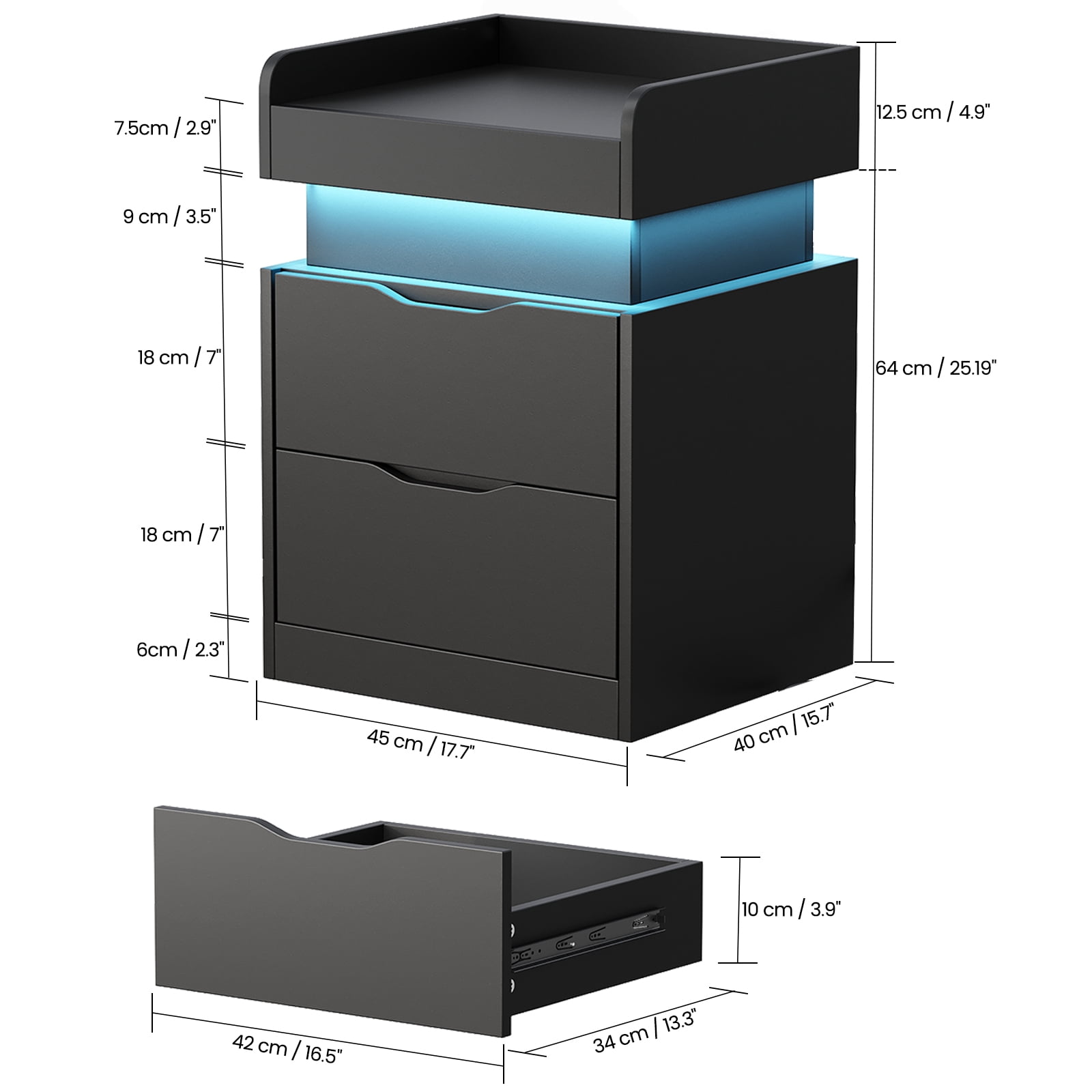IDEALSOUL Black Nightstand Set of 2 with Charging Station, LED Nightstand with 3 Hidden Drawer, Modern Bedside Table End Side Table Nightstands for Bedroom Living Room