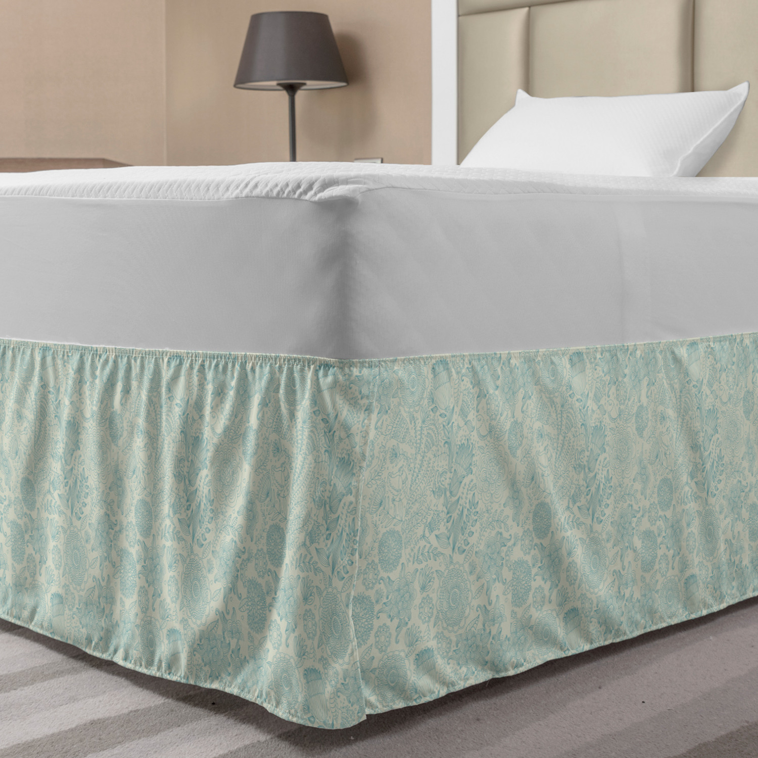 Blue and Green Bed Skirt, Antique Ornamental Motifs Inspired by Lively