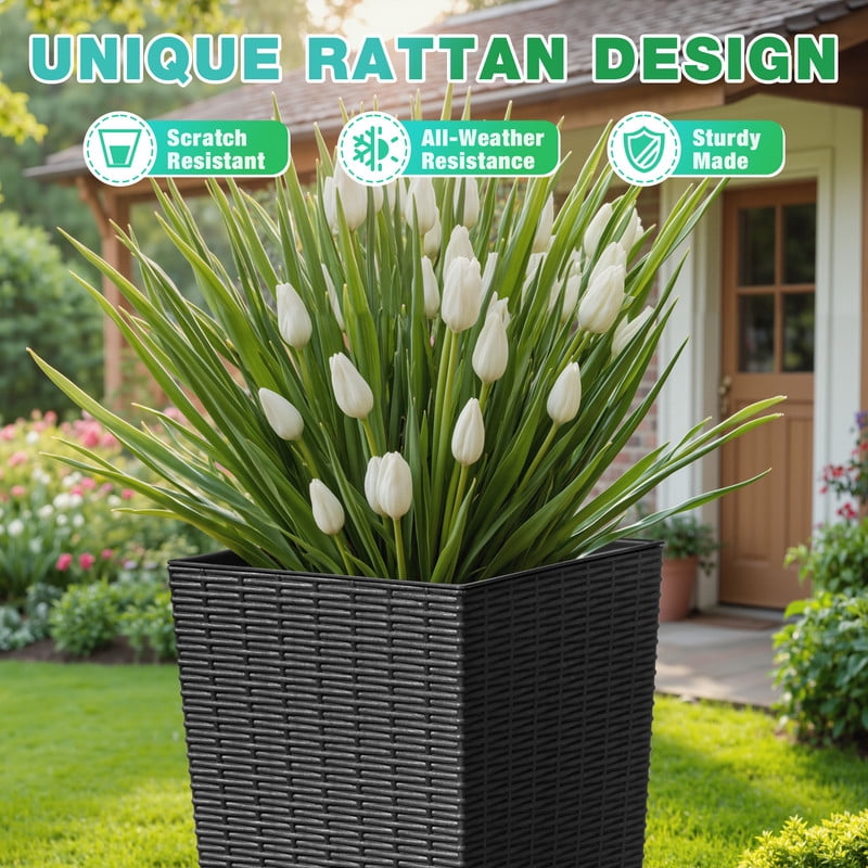 Devoko 32" Tall Planters for Outdoor Plants Set of 2, Woven-Textured Outdoor Plant Pots with Trays for Patio, Front Porch
