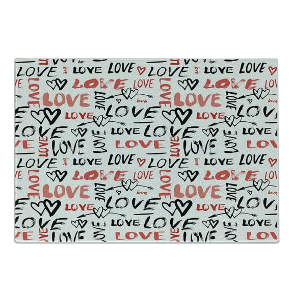 Valentines Cutting Board, Hand Drawn Love Lettering Doodle Style Design with Brush Stroke Effect, Decorative Tempered Glass Cutting and Serving Board, Small Size, Black Red White, by Ambesonne