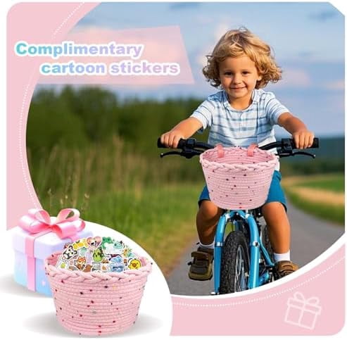 Kids Bike Basket Rope Woven Front Bicycle Basket for Boys Girls Kids Front Handlebar Basket for Scooter,Balance Bikes Cute Bike Basket with Colored Spots