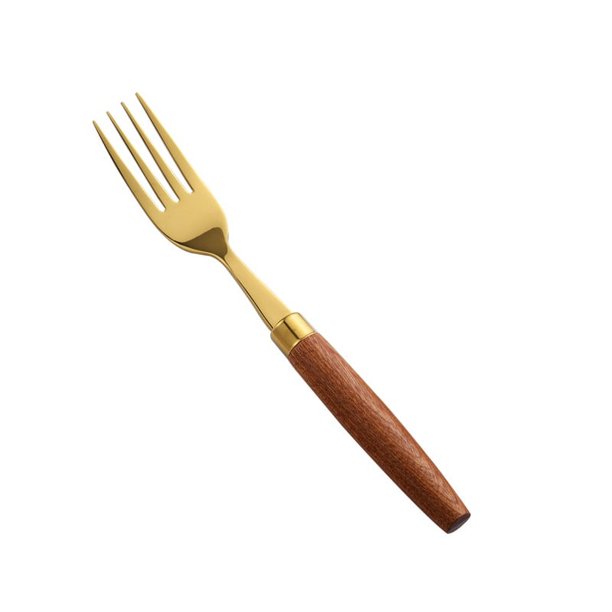 Zhuge Tenedor con mango de madera retro, tenedor para servir de acero inoxidable, tenedor de madera, dorado con mango marrón, 4 piezas