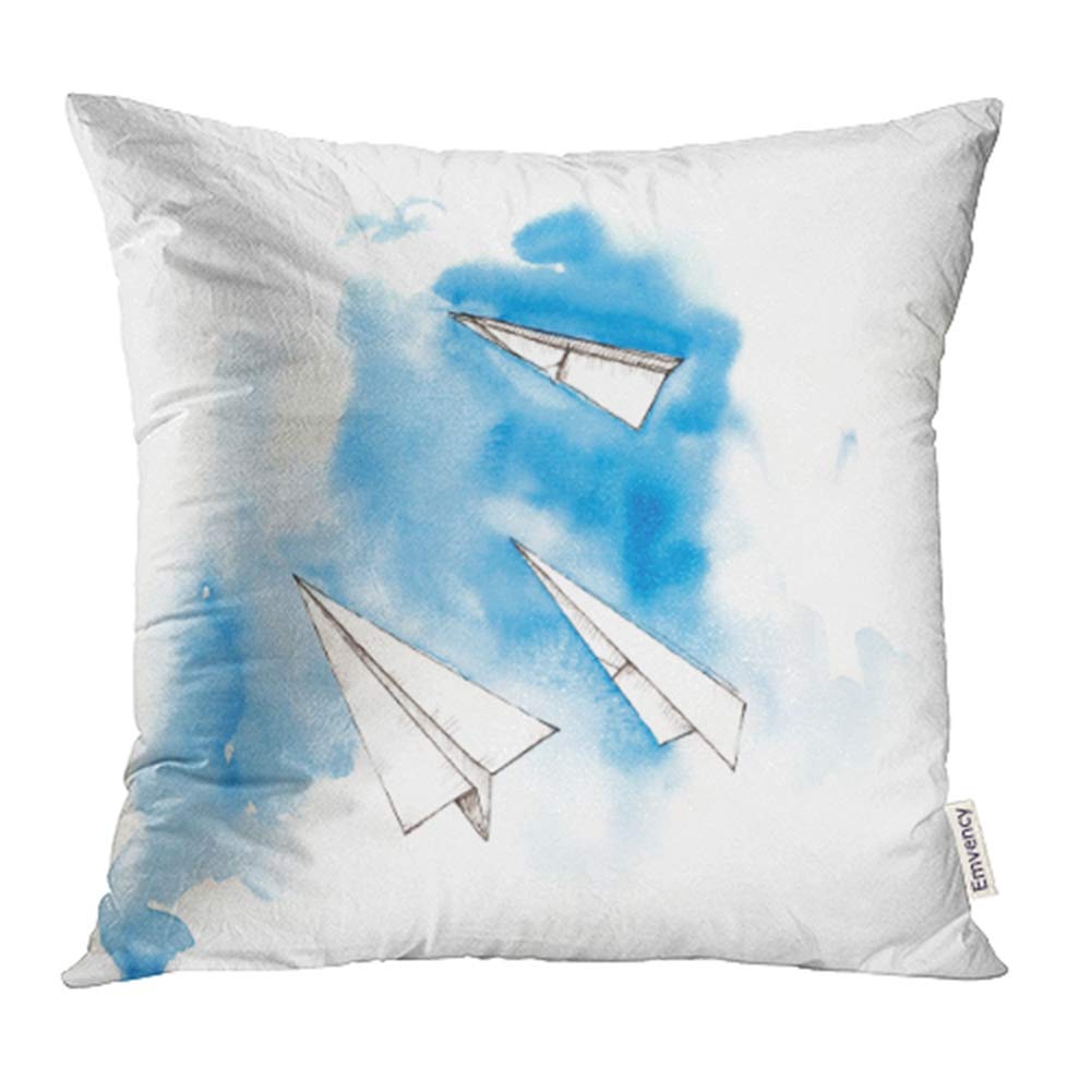 YWOTA Blue Air Plane Sky with Cloud and Hand Drawing Watercolor White