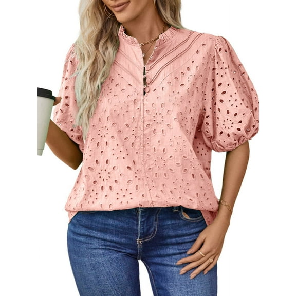 UVN Summer Blouses for Women Short Sleeve Shirts Ladies Hollow Out Lace Blouse V Neck Dressy Casual Tops