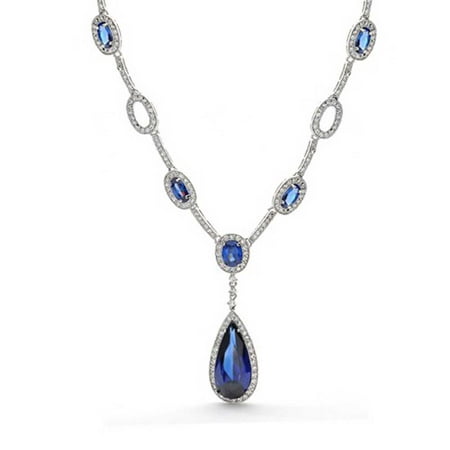 Bling Jewelry Simulated Sapphire Teardrop Bridal Rhodium Plated Necklace 18 Inches