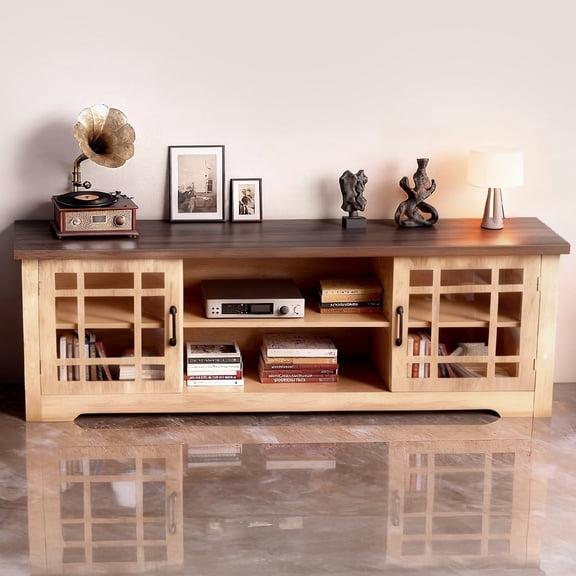 Ktaxon Farmhouse TV Stand with 2 Glass Door, Mid-Century Wood Storage Media Cabinet Entertainment Center for TVs up to 65", Wood and Brown Top