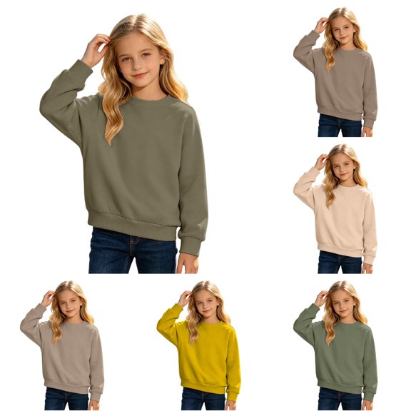 CUZIBR Little Girls Crewneck Sweatshirt Basic Solid Color Pullover Long Sleeve Soft Fall Winter Clothes,Army Green,3-4 Years
