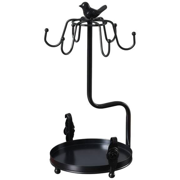 Black Bird Coffee Cup Tree Holder for Countertop, Elegant Iron Mug Rack with Tray, 6 Hooks Design for Large Mugs, Stylish and Functional Kitchen Decor