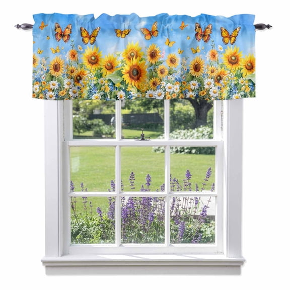 Spring Sunflower Daisy Kitchen Curtain Valances for Windows Farmhouse Short Curtains, Yellow Butterfly Retro Oil Painting Rod Pocket Valance Curtain for Bedroom Cafe Living Room 42"x12"