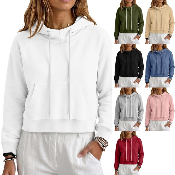 Womens Warm Brushed Long Sleeve Cropped Sweatshirt Drawstring Hooded Pullover Kangaroo Pocket Hoodie for Workout Running Athleisure Fall, White, XL