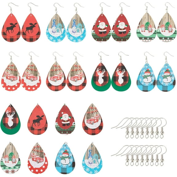 DIY Christmas Themed Earring Making Kits Including Teardrop PU Leather Big Pendants Brass Earring Hooks Platinum Pendants: 56.5x37x3mm Hole: 5mm 16pcs/set