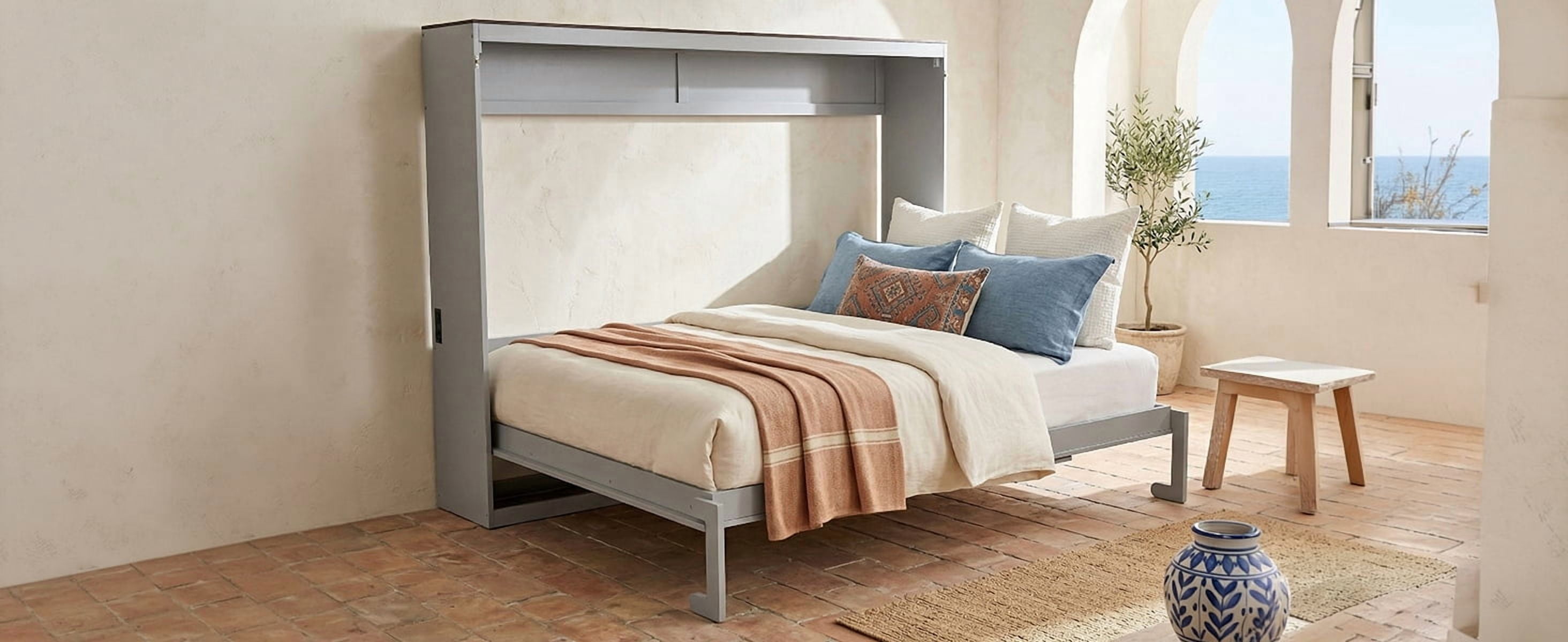 Mintazer Farmhouse Full Murphy Wall Bed with Barn Door & Charge Station, Folding Cabinet Bed for Home Office, Gray