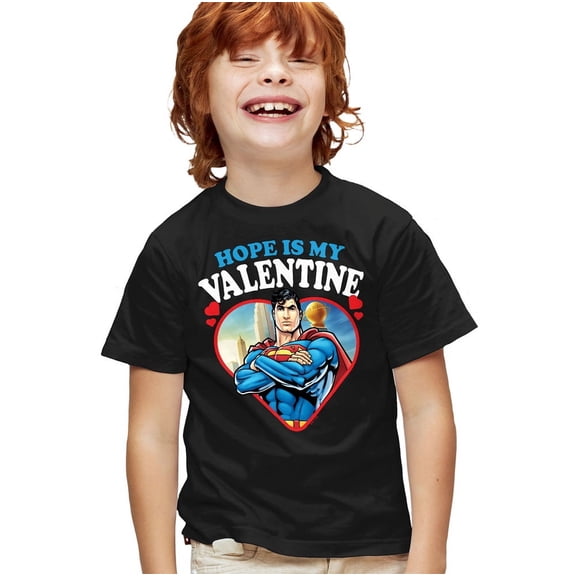 Superman Hope is my Valentine Kids T Shirt for Youth Boys and Girls, Black, X-Small