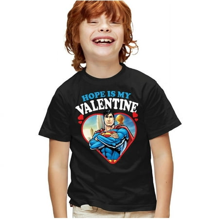 Superman Hope is my Valentine Kids T Shirt for Youth Boys and Girls, Black, X-Small