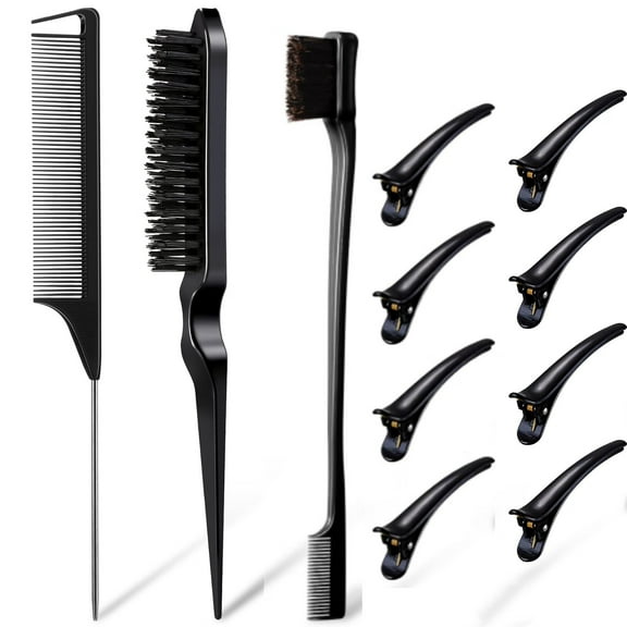 11 Pcs Hair Styling Set for Women, Girls, and Stylists: Teasing Brush, Edge Brush, Rat Tail Comb with Clips (Black)