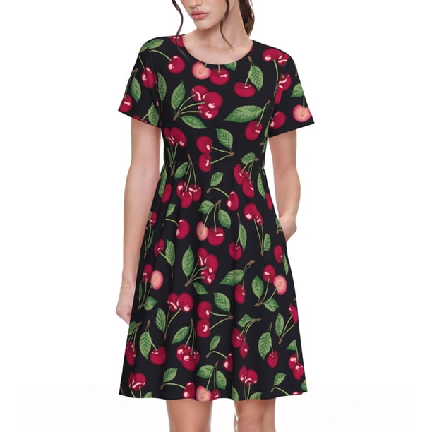 Disketp Ripe Red Cherry para Vestido de Manga Corta para Mujeres, Vestidos de Verano para Mujeres, Casual y Holgado para la Playa