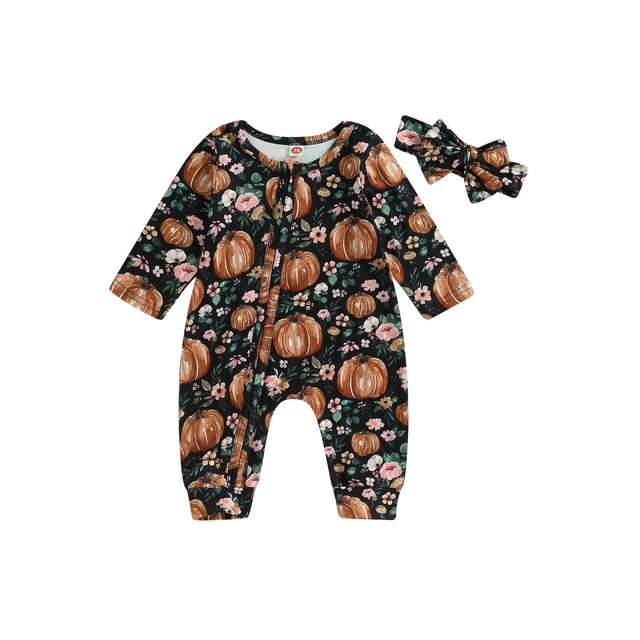 Fortune Tenue de Bébé Fille Action de Grâce Manches Longues à Fermeture Éclair Citrouille d'Halloween