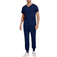thumbnail image 2 of WULMLEO Mens Scrub Sets 2 Piece Short Sleeve Stretch Scrubs Outfits Medical Crew Neck Fashion Nurse Uniform Shirts and Joggers Button Comfortable Spring Petite Nursing Workwear Dark Blue 2XL, 2 of 5