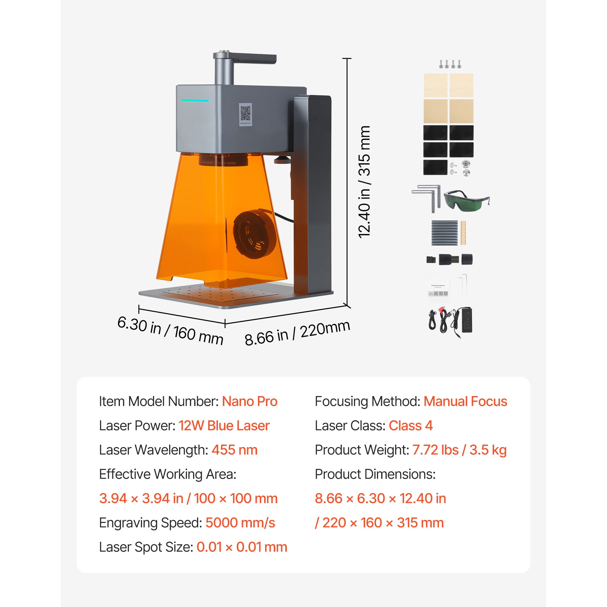 KFFKFF Portable Laser Engraver, 5000 mm/s Speed, 12W Handheld Blue Laser Cutter, Precision 0.01 x 0.01 mm, DIY Tool for Wood, Acrylic, Leather, and Fabric, Class 4