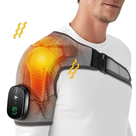 Shoulder Heating Pad Massager, Cordless Heated Shoulder Brace Wrap Shoulder Massager, Heating Vibration Shoulder Wrap with 3 Vibration and 3 Heat Settings, Muscle Rotator Cuff Relax Heating Pad, Grey