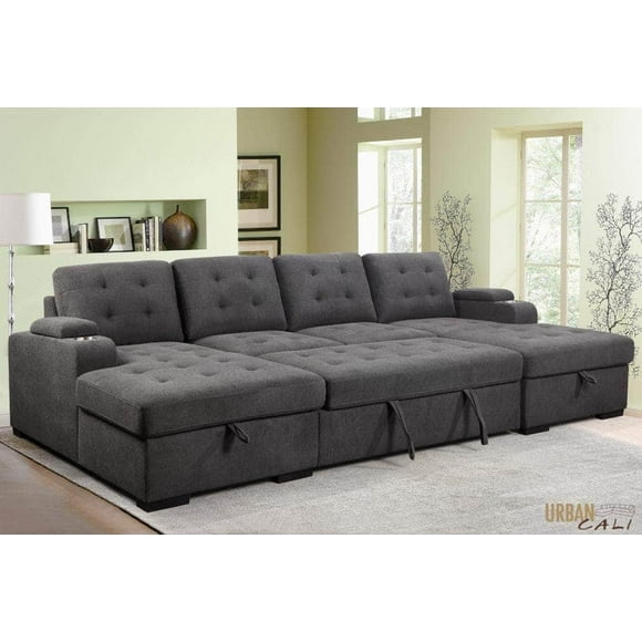 Urban Cali Lancaster U-Shaped Sleeper Sectional Sofa Bed with Storage Chaises, Belfast Charcoal