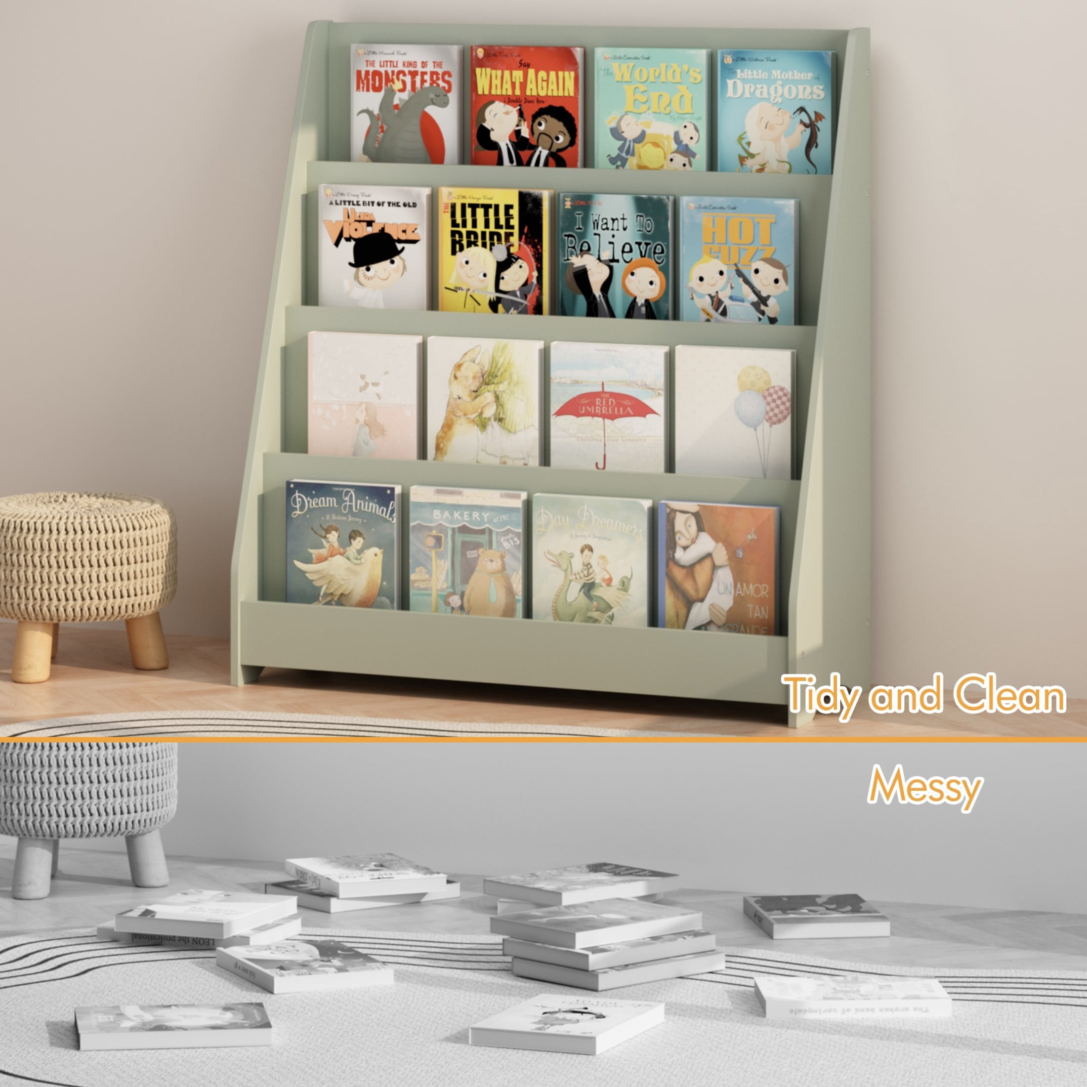 Noble House Aldo 4-Tier Kids Display Bookshelf, Wooden Toddler Book Organizer, for Kids Room, Sage