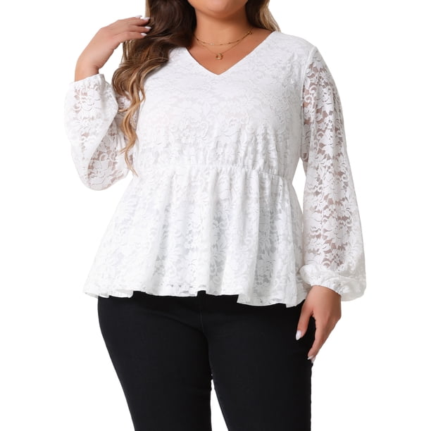 GRACE & GRANDEUR Tallas Grandes Camisas de Encaje para Mujeres Casual Elegante Cuello en V Manga Larga Blusas Peplum Blancas 2X