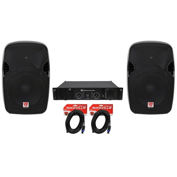 (2) Rockville SPGN124 12" 1200 Watt DJ PA Speakers Power Amplifier Cables