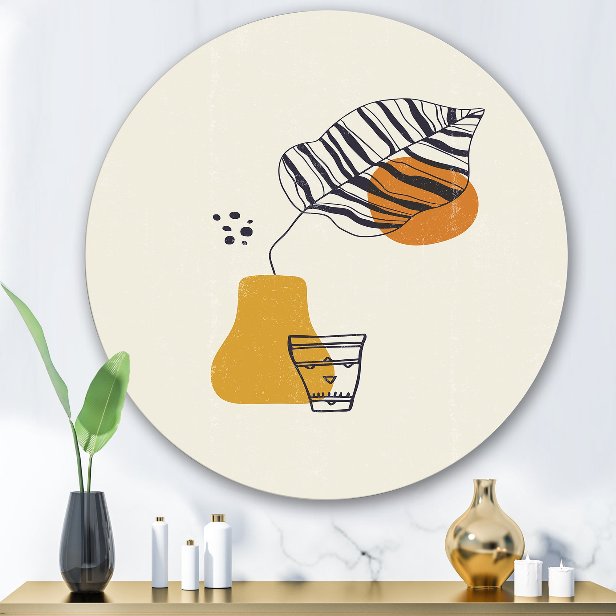 Designart 'Abstract Shapes Botanical Minimalist Leaf' Modern Circle Metal Wall Art 36x36 - Disc of 36