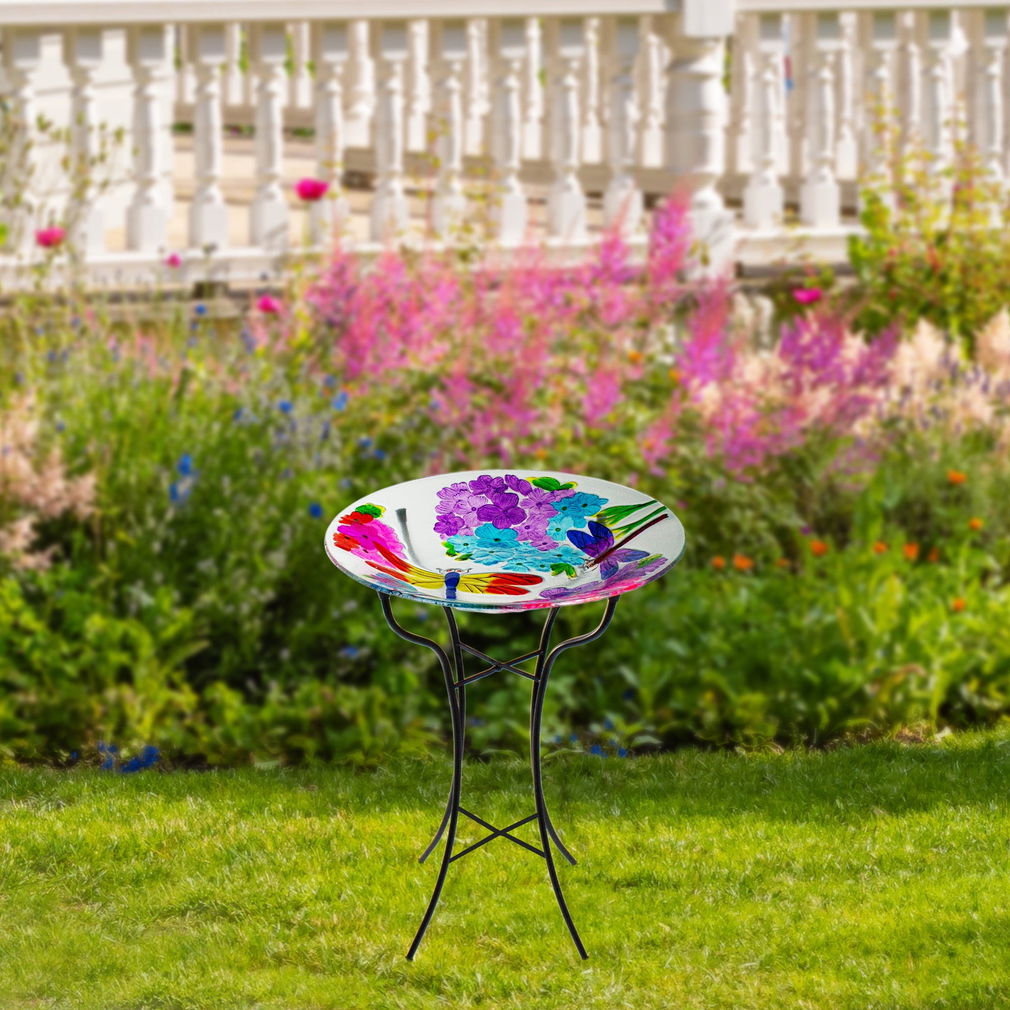 Northlight 18” Pink and Purple Dragonflies Hand Painted Glass Outdoor Patio Birdbath