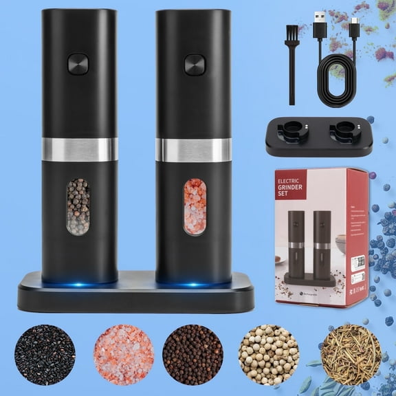FVLOENG Electric Pepper and Salt Grinder Set, Rechargeable Battery Operated Automatic Salt Mill ,Adjustable Coarseness, Powered Spice Grinder, with Rechargeable Base, One Hand Operation , Black 2 Pcs