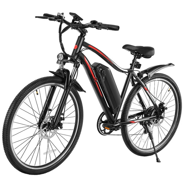 Cinverter 27.5" 48V Electric Bike with a 500W motor and Shimano 7-speed transmission. Features a black aluminum frame with red accents, a removable 48V 11.6Ah battery, and lockable front suspension. Includes 27.5-inch tires, dual disc brakes, an ergonomic seat, and a 5-level LCD display with USB charging port. Designed for commuting and off-road use, with a range of up to 91km and a top speed of 32km/h.