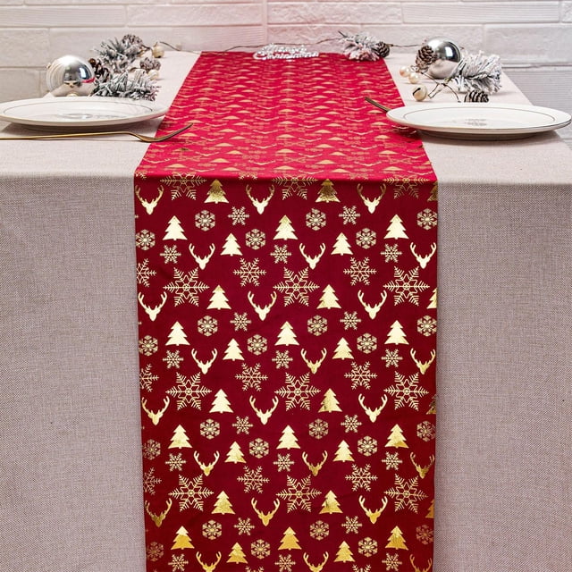 PEONAVET Table Chemin Couverture de Table de Noël Cerf Tissu Velours Chaud Polyester Drapeau de Table Année Imprimé Noël Rassemblement Drapeau de Table