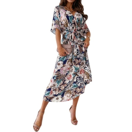 

DYMADE Women s Floral Print V Neck Short Sleeve Tie Waist Casual Dress