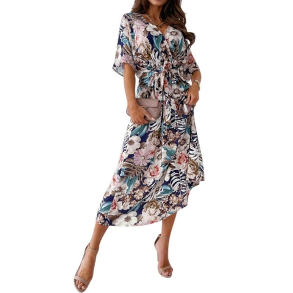 FASHIONWT Women V-Neck Floral Print Bohemian Mid Calf Casual Long Dress