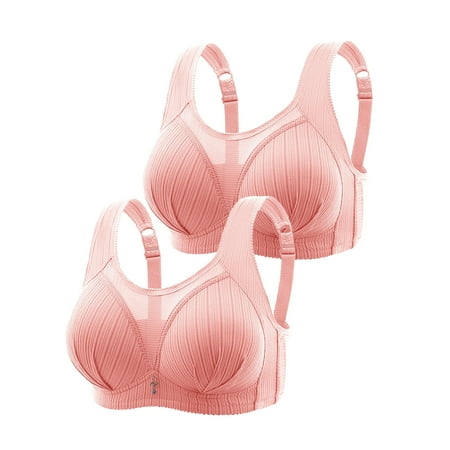 Crunowin Women s Plus Size Bra 2 Pack  Wire Free Comfort Solid Color Breathable Lingerie Behind Buckle Everyday Underwear Pink L